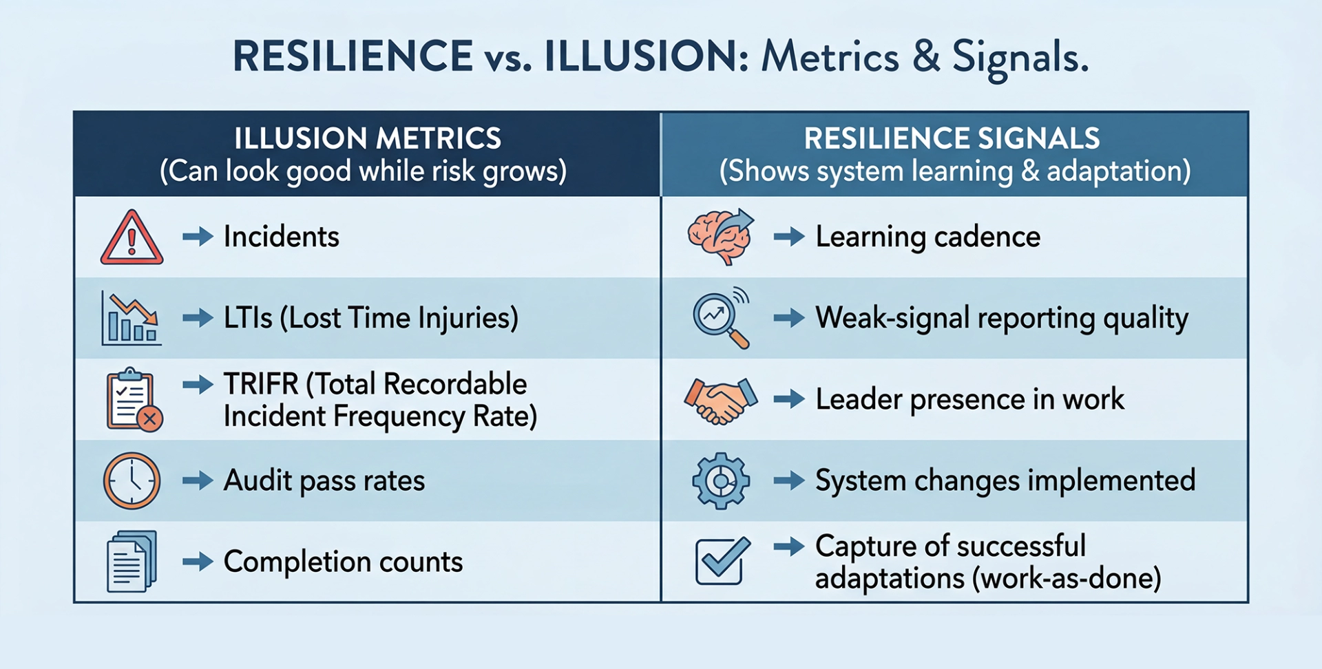 Resilience signals versus illusion metrics table showing indicators that look good while risk grows and signals that show how well the system learns and adapts